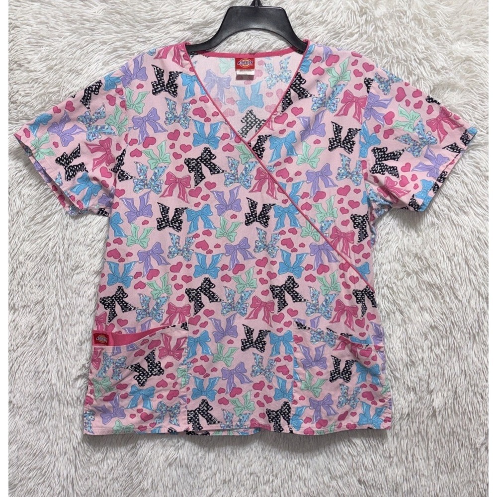 Dickies Scrub Top Women's Large Pink Bows Cotton Short Sleeve Nurse Medical - Picture 1 of 11